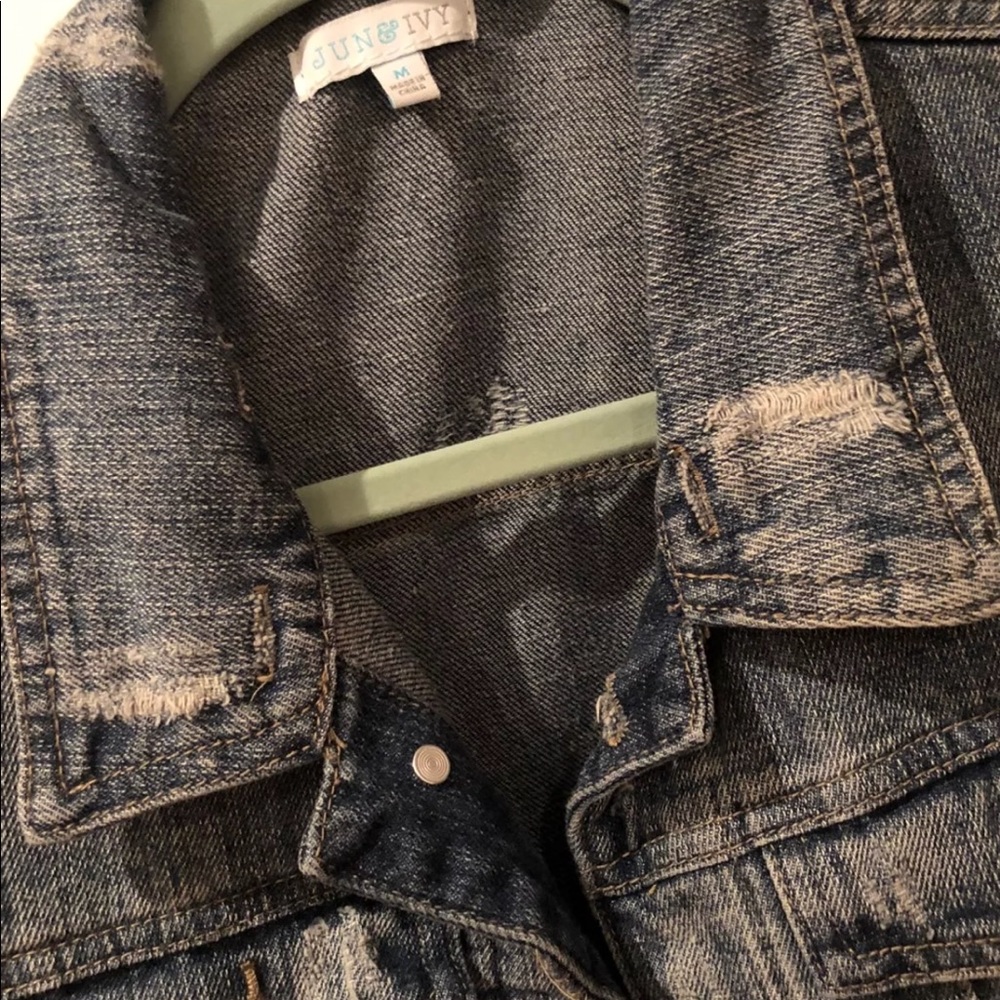 Distressed Jean Jacket w/ sweatshirt sleeves